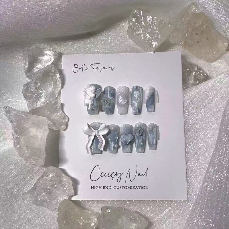 Yoyo Nail Tips in Haze Blue Plaster Angel Rose Handmade Wearable Nails Fake Nails Manicure Yoyo Nail Tips in Haze Blue Plaster Angel Rose Handmade Wearable Nails Fake Nails Manicure
