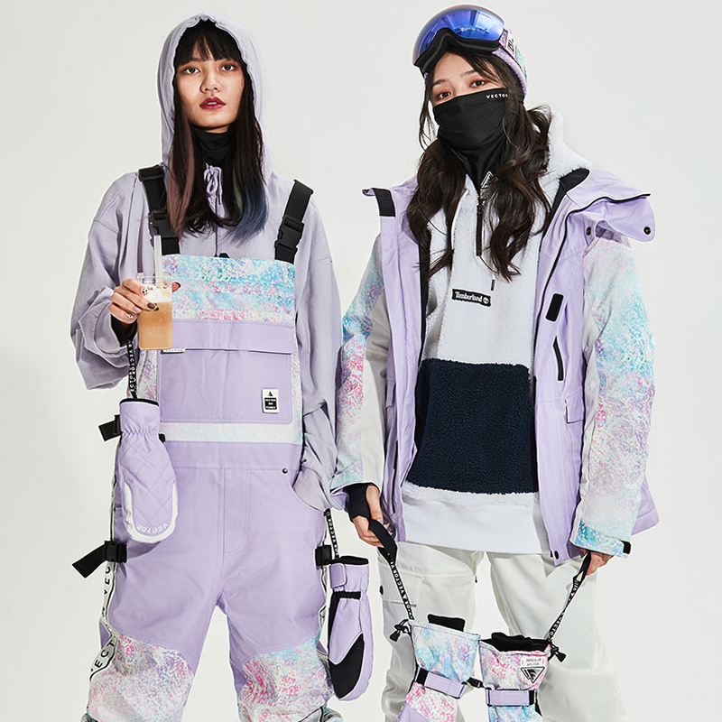 2021 new ski suit female star with fashion brand color print strap split ski equipment ski suit pants