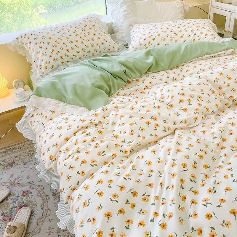 Small fresh floral bed four-piece summer net red washed cotton lace lotus leaf quilt three-piece bed set