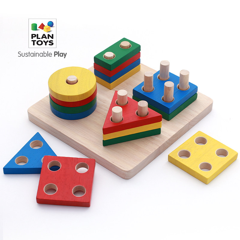 PlanToys Montessori Children's Geometry Pairing Building Block Toy Graphics Cognitive Stereoscopic Four Sets of Columns 1-2 years old