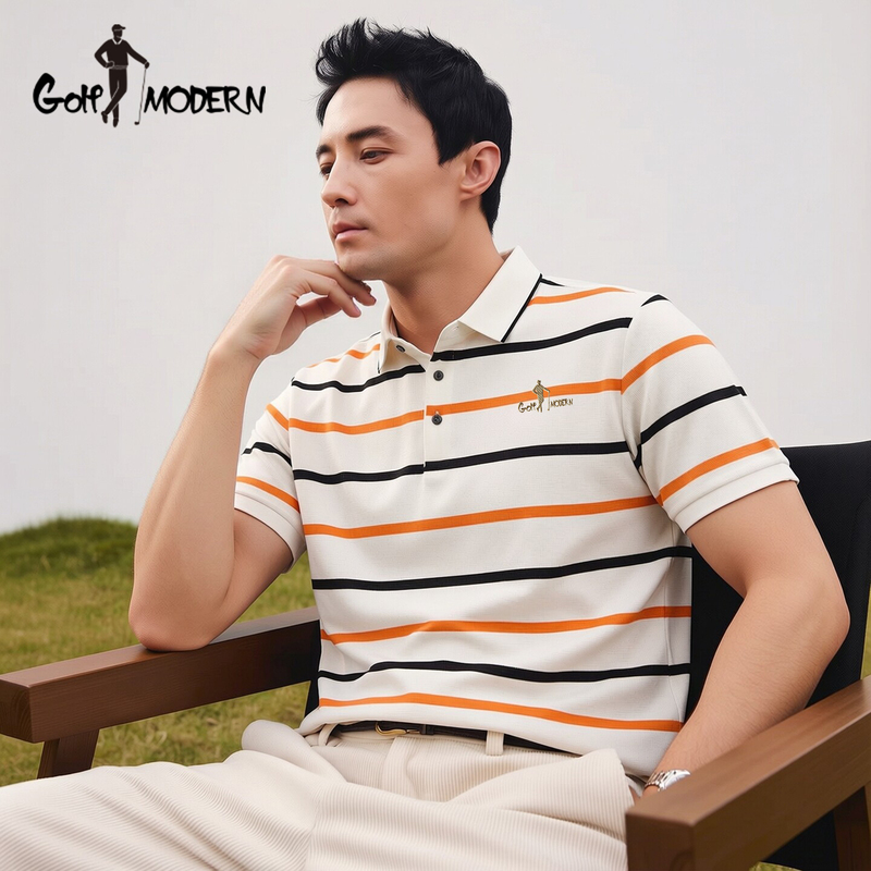 Golf Modern Golf 2026 Summer Men's Striped Knitted Casual Lapel Polo Shirt Short Sleeve T-Shirt