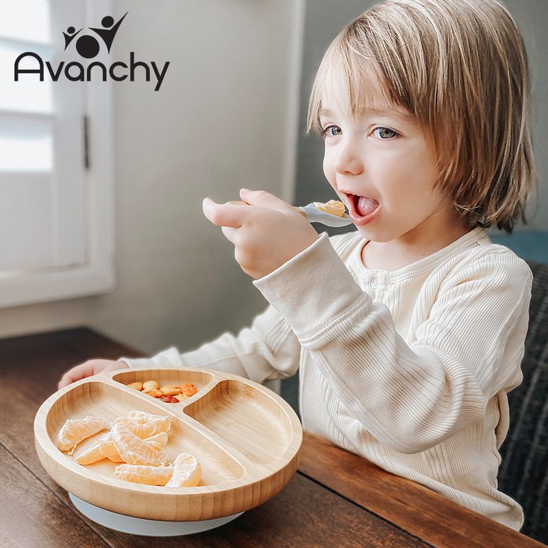 American Avanchy baby sucker plate spoon baby bamboo non-staple food bowl grid plate children learn to eat tableware
