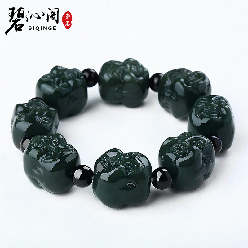 Beqin Cabinet Xinjiang and Tian Yuhand chain Jade Buddha head Qingyu Handstring of male and female jade hand chain jade jade belt certificate 
