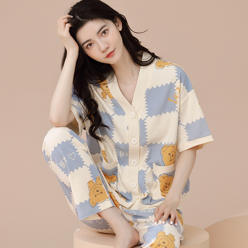 New Style Fenteng Pajamas for Women, Spring and Summer, Pure Cotton Short-Sleeve Long Pants, Thin Cotton Cardigan Kimono-Style Loungewear Set