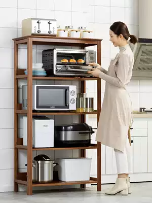 Kitchen shelf Floor-to-ceiling multi-layer microwave oven storage shelf Household living room solid wood locker Nanzhu shelf