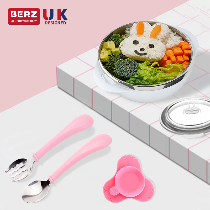 BERZ baby bowl spoon set baby sucker bowl portable baby six months 304 stainless steel children's tableware