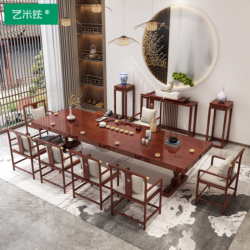 Neoclassical Chinese-style solid wood tea table and chair combination Zen simple coffee table leisure reception guest Kung Fu tea long table