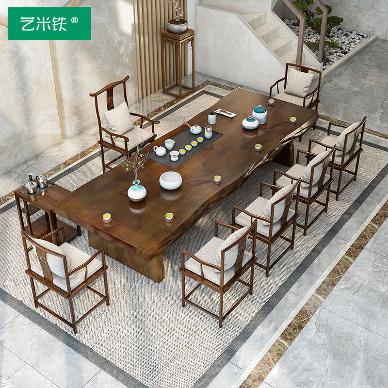 Log large board tea table and chair combination office kung fu tea table tea tray one set solid wood new Chinese Zen