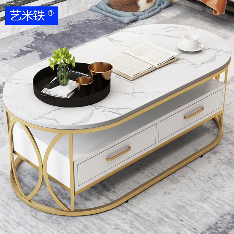 Light luxury Nordic marble coffee table modern minimalist rock slab tea table small apartment oval double-layer home with drawers