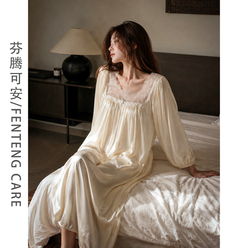 Fenteng Ke'An High-End Ice Silk Nightgown for Women with Breast Pads, Summer and Autumn Lace Half-Sleeve Long Dress, Gift Box for Best Friend