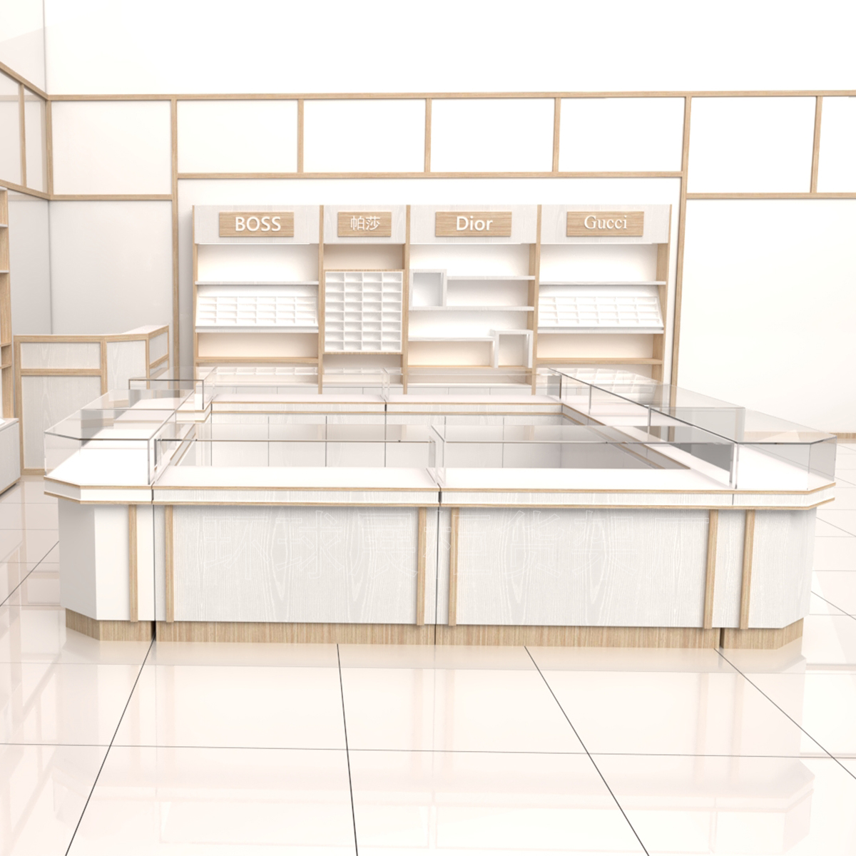 The whole shop set up to be free of solid wood eco-board Fast fashion glasses Show high cabinet shelving counter-free lacquered glass middle island