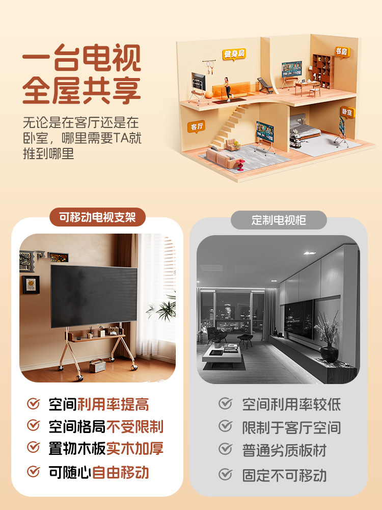 Solid Wood Movable Tv Floor Stand for Small Apartments, Vertical Wheeled Cart, Universal Mount for 55/65/ 75inch Inch Tvs