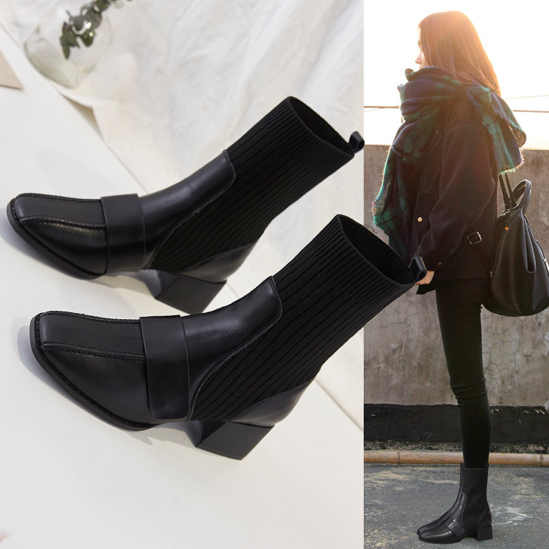 Socks boots women's 2021 autumn and winter new thick heel Martin boots women's British style short boots all-match net red elastic thin boots