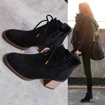High heel short boot female coarse heel 2020 autumn winter new gush Martin boots female Inron 100 hitch heel retro nude boots