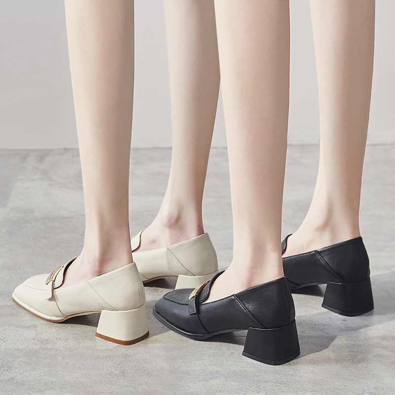 High heels women's thick heels 2022 spring single shoes women's medium heels retro British style small leather shoes all-match square toe loafers