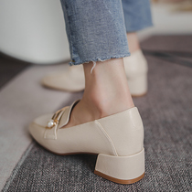 Small Fragrant Wind Small Leather Shoes Girl Spring Thin style 2022 new One foot pedal Lefoe shoes 100 hitch head coarse heel single shoe woman