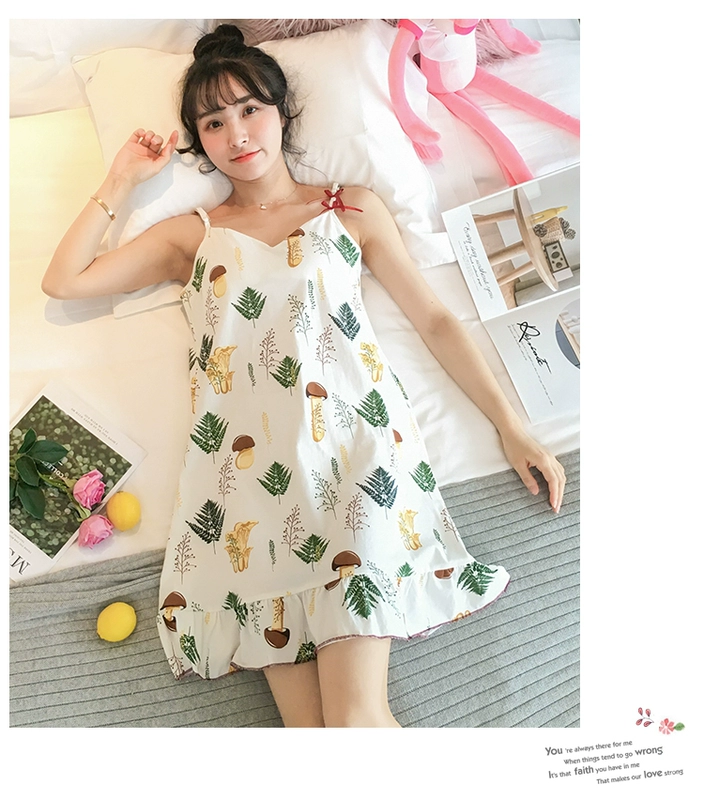Đồ ngủ nữ Sinh viên Hàn Quốc ngọt ngào mùa hè dây treo bằng vải bông đi ngủ mùa hè phần mỏng với đệm ngực cô gái phục vụ tại nhà - Đêm đầm