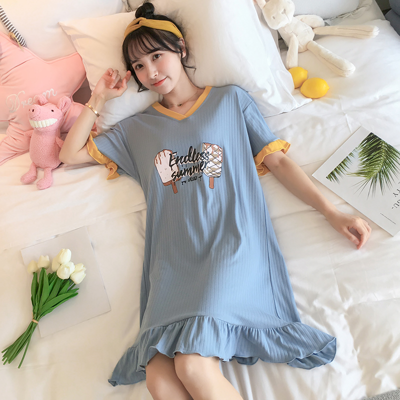 Pajama nữ mùa hè Hàn Quốc phiên bản của bông tinh khiết sinh viên ngọt công chúa gió lớn mã lỏng ròng váy ngủ màu đỏ có thể mặc quần áo về nhà.