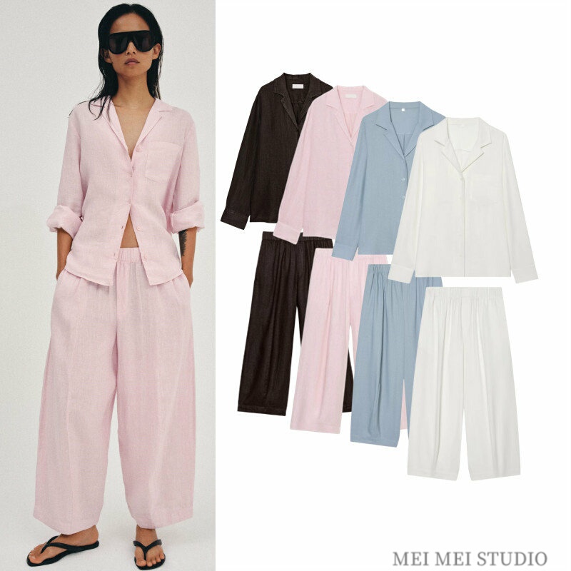 In Stock: Women's Spring/Summer New Long-Sleeve Linen Shirt with Pockets 5344010, Mid-Waist Bucket Pants 4344045