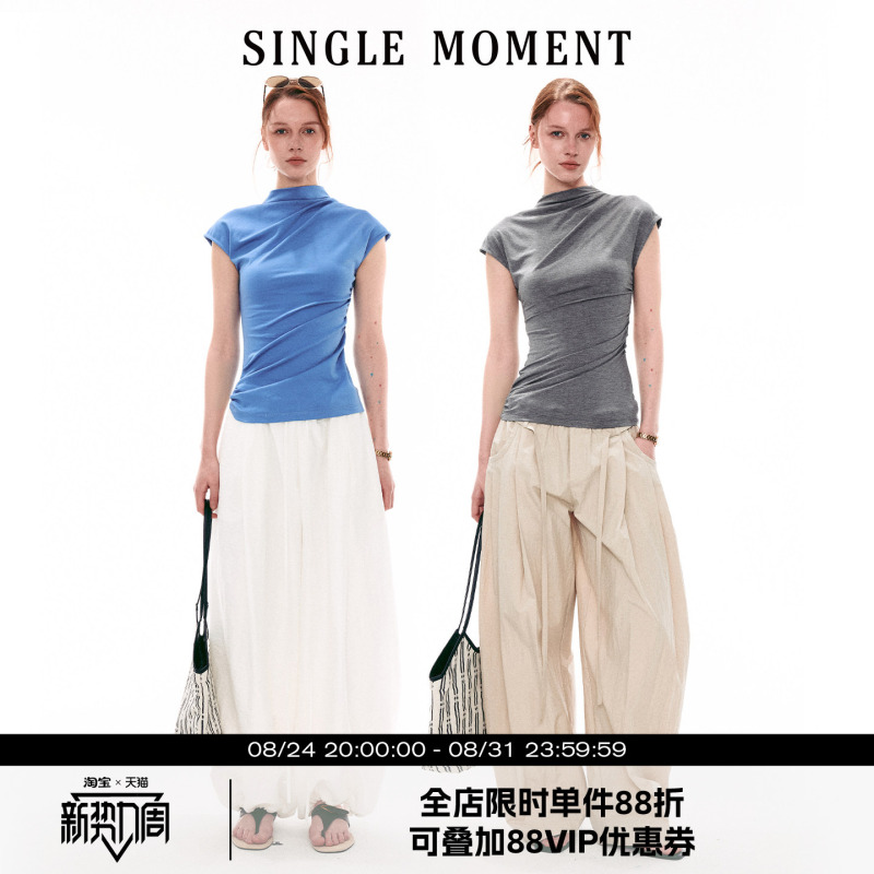 Single Moment 26Ss French-Style Summer Half-High Collar Small Flutter Sleeve Slim Fit Ruched T-Shirt Sleeveless Top for Women Single Moment 26Ss French-Style Summer Half-High Collar Small Flutter Sleeve Slim Fit Ruched T-Shirt Sleeveless Top for Women