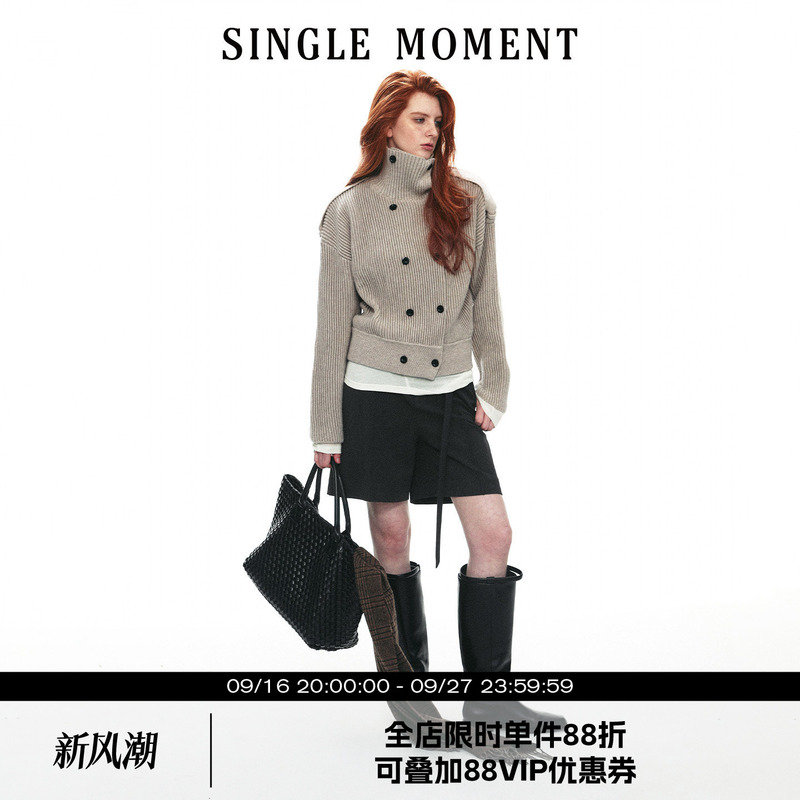Single Moment 26Aw French Stand-Up Collar Casual Style Loose Double-Breasted Sweater Cardigan Long-Sleeved Jacket for Women Single Moment 26Aw French Stand-Up Collar Casual Style Loose Double-Breasted Sweater Cardigan Long-Sleeved Jacket for Women
