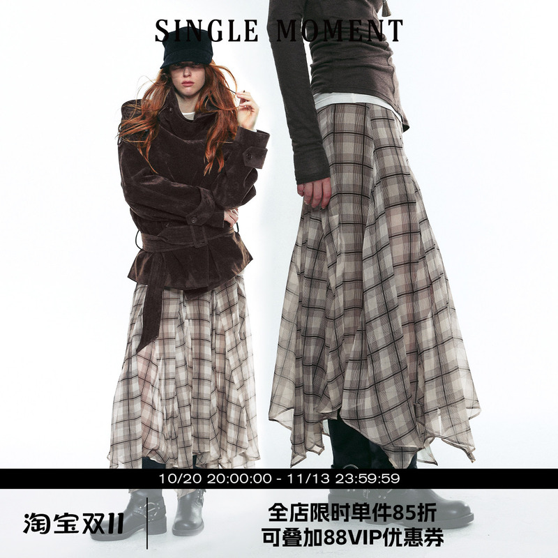 Single Moment 25Aw Autumn Scottish Style Elegant Plaid Asymmetrical Skirt Long Skirt for Women