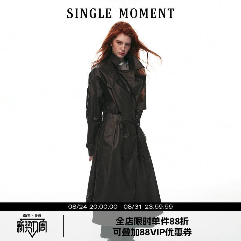 Single Moment 26Aw Retro Classic British Style Waxed Double-Breasted Long Casual Windbreaker Jacket for Women