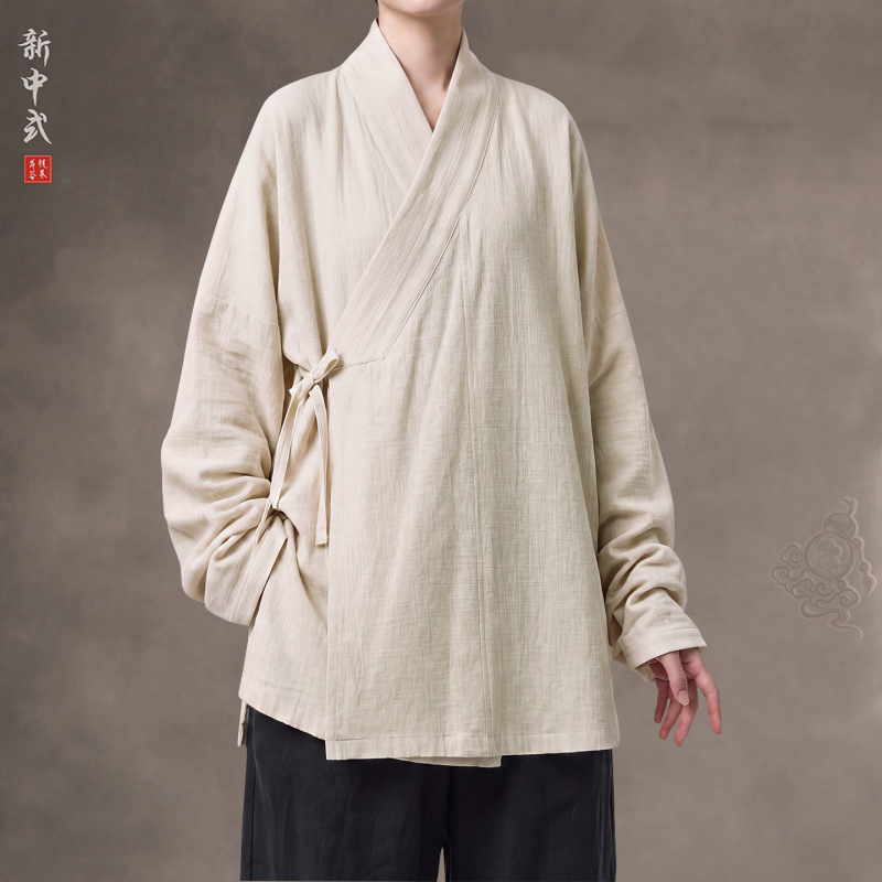New Chinese-Style Cross-Collar, Diagonal Placket, Tie-Up Hanfu Long-Sleeve Shirt, Chinese-Style Retro 100% Cotton Tea Shirt, Layperson Clothing