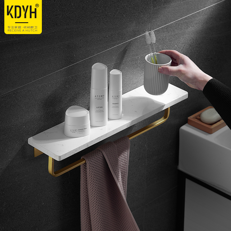 Light luxury marble bathroom rack free punch powder room wall-mounted storage shelf one word partition hotel hanger