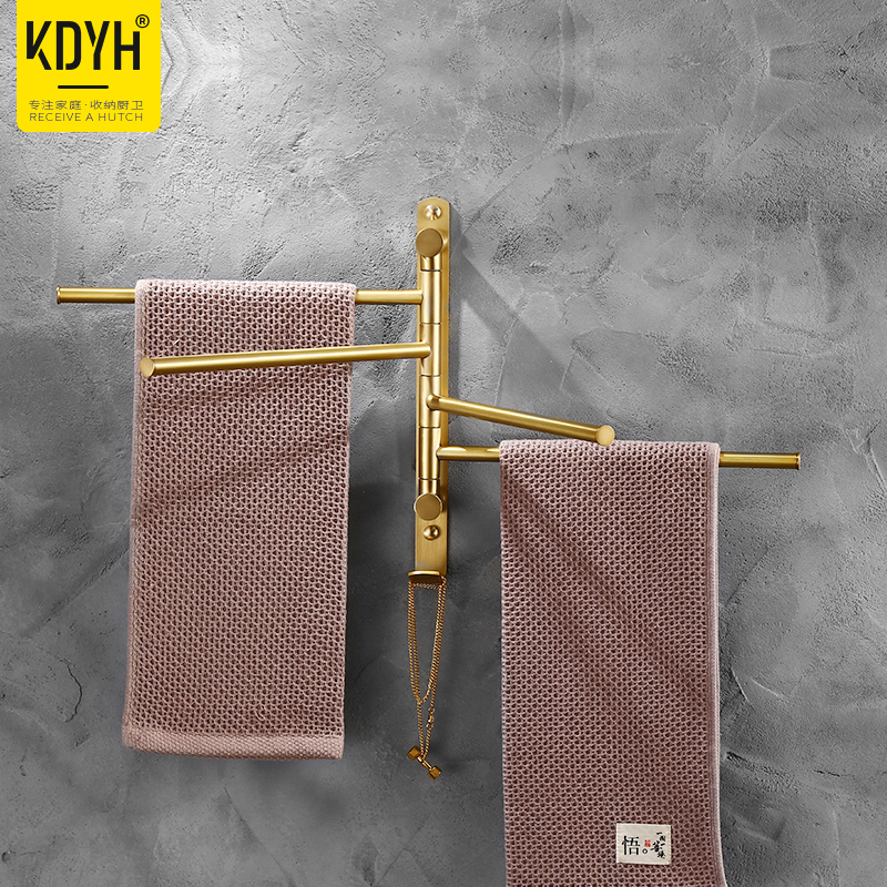 Punch-free light luxury brass bathroom rotating movable towel rail toilet towel rack wall hanging towel hanging shelf