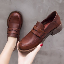 Spring new genuine leather Academy Inn Wind Shoes Retro Shine Color Deep Mouth All Season Single Shoes Non-slip Comfort Lefu Shoes