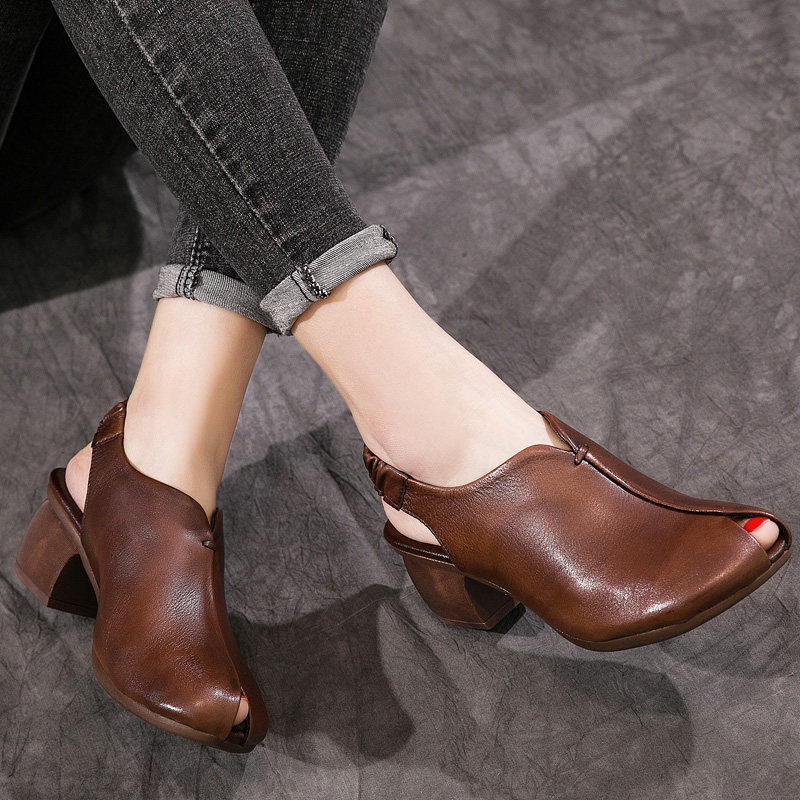 20 summer new ethnic wind genuine leather polished women's shoes retro style heel Roman shoes comfortable and soft coarse with fish mouth sandals