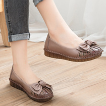 Round Head Genuine Leather Single Shoes Soft Bottom Middle Aged Mother Shoes National Wind Retro Anti-Slip Bull Gluten Bottom Flat Bottom Women Shoes Seniors Shoes