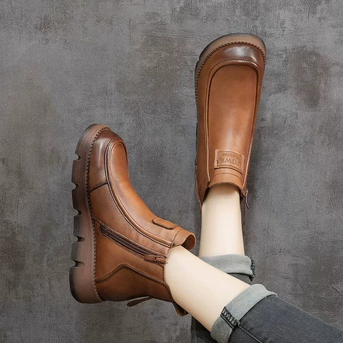 Флисовые зимние ботинки на платформе, короткие сапоги для отдыха, удерживающая тепло универсальная обувь для матери, из натуральной кожи