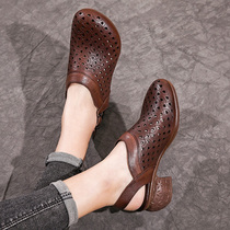 Ethnic Wind Genuine Leather Original Shine Hollowed-out Women Shoes Retro Baotou Breathable Hole Cave Roman Shoe Comfort Heel Sandal