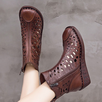 Summer new genuine leather women shoes national wind hollowed-out retro muffin heel sandals heel sandals with high help holes in the middle of the cool boots