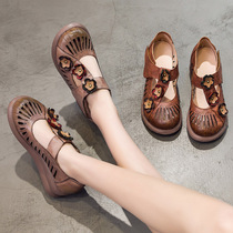 New Genuine Leather Elegant National Wind Flowers Round Head Womens Shoes Thick bottom pine pastry heel Hollowed-out Cave Shoes with sandal women