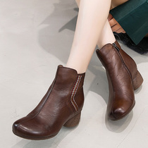Autumn Winter New Genuine Leather Women Shoes National Wind Retro 100 hitch Heel Women Single Boots Casual Side Zip Short Boot Female Nude Boots