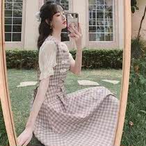 Cheongsam modified version of the dress womens summer pastoral style 2021 new square collar light cooked air quality waist plaid skirt