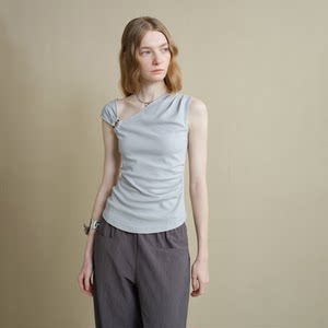 Someone Sometimes Original Design Asymmetrical One-Shoulder Knit Vest Top for Women with Short Sleeves