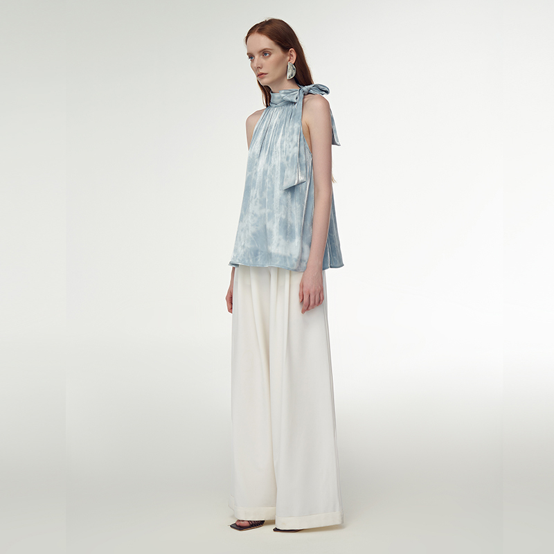 Liu Liu's Same Style, Someonesometimes Original Design, Iridescent Blue Halter Neck Tank Top with Tie Design