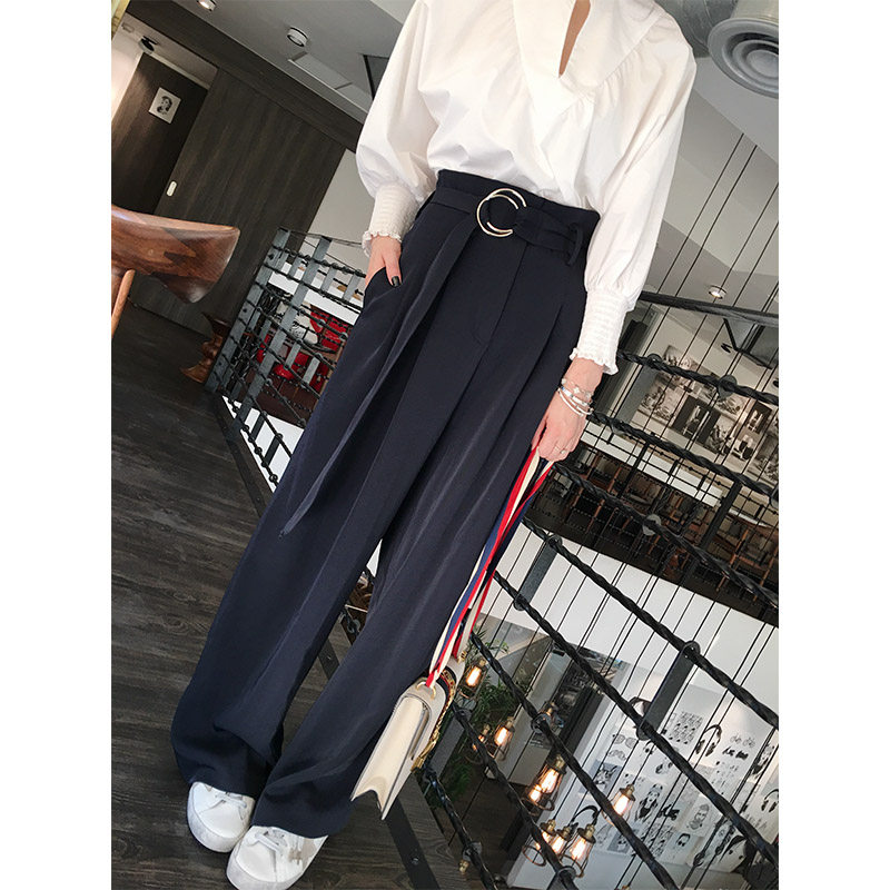 Drop sense wide leg pants women's spring and autumn 2019 new net red vertical stripe black high waist straight tube loose mopping trousers