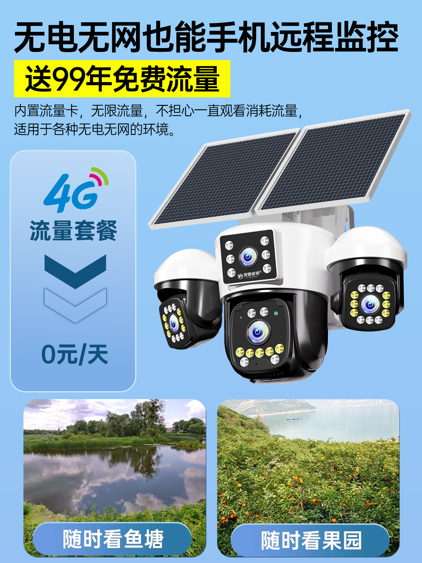 Aov Solar Camera Outdoor 360-Degree No Blind Spots Mobile Phone Remote Monitoring Without Electricity or Network High-Definition Four-Screen Monitoring