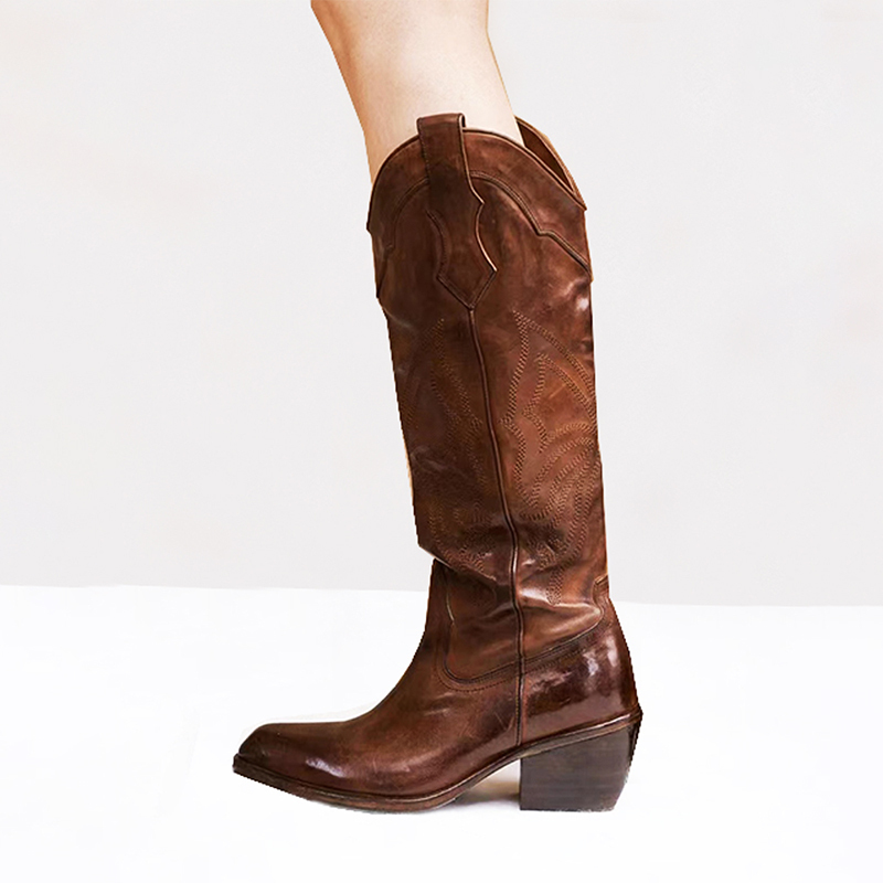 2026 European and American New Retro Long Boots with Height Increase, Embroidered Western Cowboy Boots, Pointed Toe Genuine Leather Brown Riding Boots for Women, Trendy