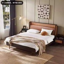 Nordic retro medieval wabi-sabi style solid wood genuine leather rattan high back oil wax leather soft back oak double bed expression