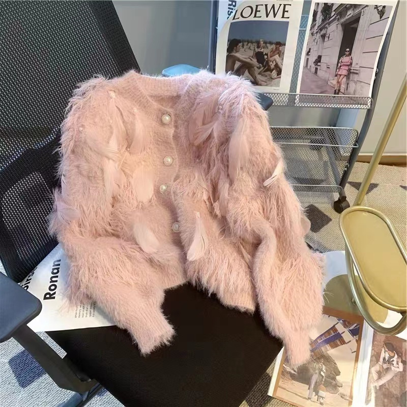 Plus Size Pink Mink Velvet Knitwear Jacket for Women Autum 2023 New Design Feather Tassel Short Knitwear Plus Size Pink Mink Velvet Knitwear Jacket for Women Autum 2023 New Design Feather Tassel Short Knitwear