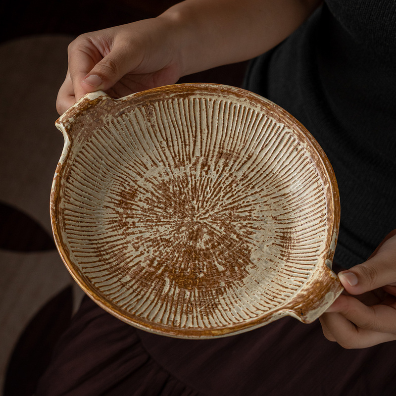 Japanese-Style Rustic Ceramic Double-Handle Plate, Vintage Distressed Ceramic Plate, Household Dish Plate, Salad Plate, Western Steak Plate, Commercial Presentation Plate Japanese-Style Rustic Ceramic Double-Handle Plate, Vintage Distressed Ceramic Plate, Household Dish Plate, Salad Plate, Western Steak Plate, Commercial Presentation Plate