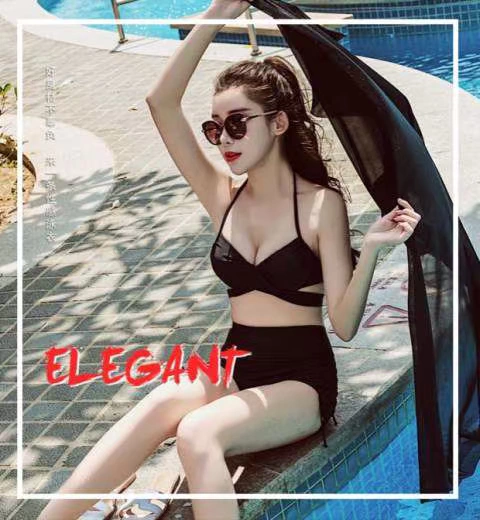 Áo tắm mới của Hàn Quốc nữ eo cao che rốn giảm béo bikini ba mảnh màu đen gợi cảm ngực nhỏ thu thập - Bikinis