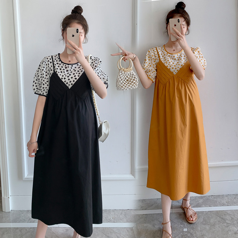 Pregnant women summer clothes 2021 new fashion temperament fake two pieces of medium and long version of small fresh pregnant women loose thin dress