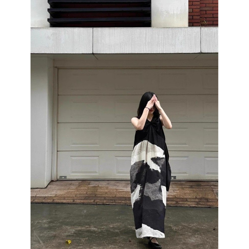 Ink Painting Style Sleeveless Dress for Women 2026 Summer High-End Simple Printed Loose Tank Dress for Seaside Vacation